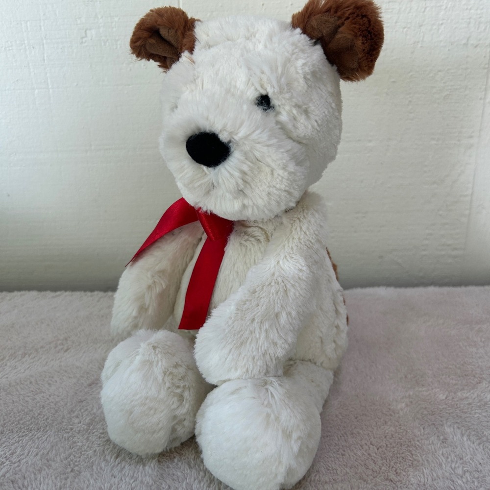 Aurora World Oliver Plush Dog White Brown Stuffed Animal Red Bow 13" 2021 HTF